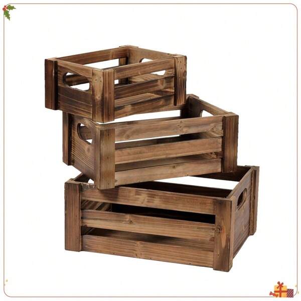 Farmhouse Wooden Crates Decorative Set Of 3, Distressed Nesting Wood Crates For Display Rustic,Wood Crates For Storage With Handles, Wood Basket For Home Decor Living Room Outdoor Christmas