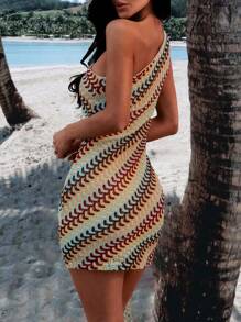 Bohemian Patchwork Color-Blocking Jacquard Mini Halter Sundress, Suitable For Beach & Casual Vacation