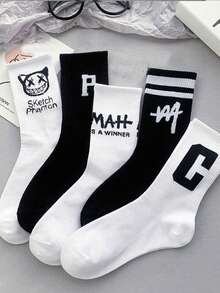 1/5/10 双男女通用涂鸦文字印花中筒袜，街头风格，适合日常休闲穿着 - 黑與白 - 查看 10