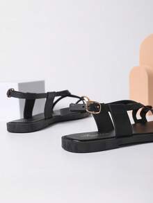 Pearl Embellished Glossy 2025 Comfortable Thick-Sole Women's Flat Shoes, Soft & Flexible, New Style Square Toe Slip-On Mules, Elegant Buckle Detail, Monochrome Sandals, Suitable For Dates, Traveling, All Seasons, Hiking - Black - View 6