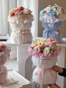 1 Stück Chiffon Blumenstrauß mit Quasten-Satinspitzenrand, florale DIY Bastelzubehör