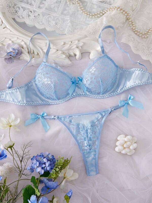 2pcs Elegant Blue Lace Comfortable Premium Sexy Lingerie Set For Women