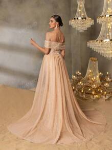 Faeriesty Faeriesty Chic & Glamorous Beaded Off-Shoulder Short Sleeve Maxi Party Dress With Layered Tulle Skirt And High Slit For Red-Carpet Galas, Black-Tie Dinners, Luxury Wedding Receptions, Exclusive Banquets, Formal Charity Events​