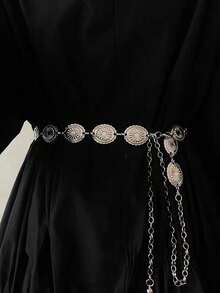 1 件女士银色椭圆形合金超长腰链，高端金属链腰带，适合连衣裙、西装、中国传统服装，时尚百搭