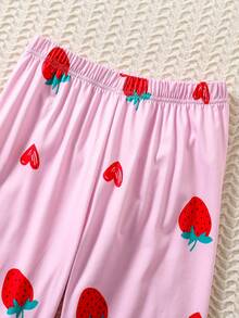 Conjunto de 2 piezas de ropa de dormir con estampado de fresa, de cuello redondo y manga larga, tela cómoda, perfecto para usar en casa en primavera y otoño