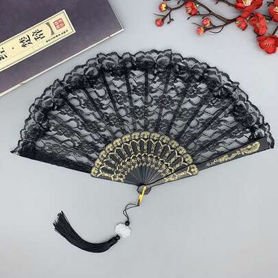 1 pezzo Ventaglio ripiegabile in stile retrò in pizzo, con nappa di cheongsam, bordato in pizzo stile Lolita, adatto per abbigliamento quotidiano, feste, ballo, ottimo come regalo