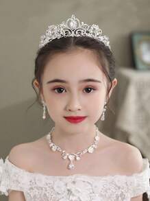 4pcs/Set Girls Kids Rhinestone Tiara Crown + Necklace + Earrings Luxury Jewelry Set, Suitable For Stage Performance, Party, Birthday, Holiday Dress Up, Fits Toddlers And Older Children