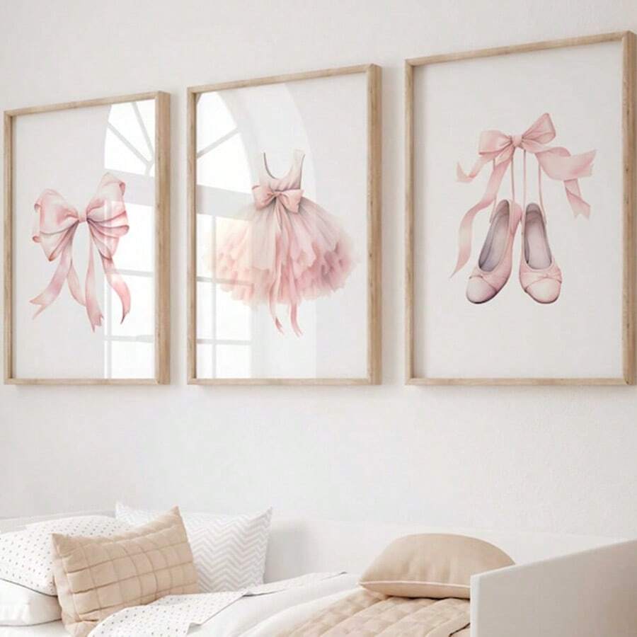 1/3 piezas de arte de pared de bailarina, impresiones de ballet en tonos suaves de rubor sobre lienzo, póster de zapatos de ballet y lazo rosa, decoración para dormitorio, sala de estar o habitación de niña, regalo para ella sin marco - Multicolor - Ver 1