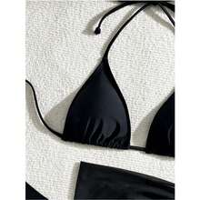 纯色休闲露背扭结比基尼套装，沙滩度假黑色夏季装 - 黑色 - 查看 3