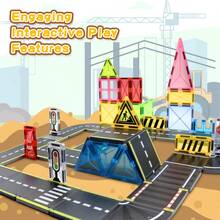 24/38 块磁性瓷砖玩具，儿童创意交通建设规划器，城市道路和火车轨道，适合男孩女孩节日生日礼物