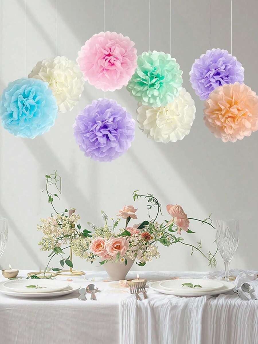 12PCS Colorful Paper Flower Party Decorations, Easter Macaron Paper Flower Pom-Poms For Hanging Decor, Birthday Party Table Decorations - Multicolor - View 1