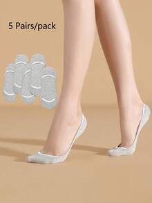 5pairs/Pack Ladies' Black Silicone Anti-Slip Thin Low-Cut Socks, No Show Socks, For Spring, Summer, And Autumn