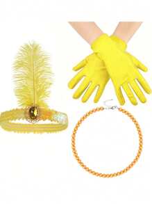 D EXCEED Set de 3 accesorii pentru flapper anii 1920: colier cu perle artificiale, bentiță și mănuși pentru femei - Costum de petrecere de Halloween anii 1920