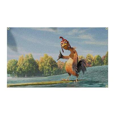 Tapiz de arte abstracto de dibujos animados con el diseño de meme divertido "Chicken Joe Surfs Up" para decoración de dormitorio, sala de estar, dorm, fiesta de Halloween, hombre cueva, regalo de bandera de tapiz de arte