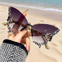 Women's Retro Classic Butterfly Shape Diamond Rimless Sunglasses UV Blocking Sunglasses