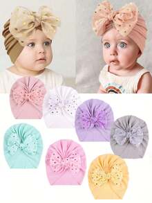 12 piezas Turbante decorativo de muselina con lunares y lazos, sombrero elástico y suave para vestir a bebés, para uso en todas las estaciones