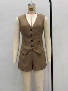 Conjunto de chaleco corto con cuello en V y botones embellecidos para mujer conjunto mujer, conjuntos elegantes para dama, conjuntos elegantes para dama, conjunto de dos piezas para mujer con top y pantalones cortos de colores sólidos, sencillos y casuales.