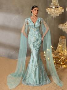 Faeriesty FAERIESTY Opulent Beaded V-Neck Evening Gown With Floor-Length Sheer Sleeves, Mermaid Silhouette & Dramatic Train | Luxury Red Carpet Dress For Galas, Formal Dinners, Wedding Receptions, Opera Galas, And Black-Tie Balls