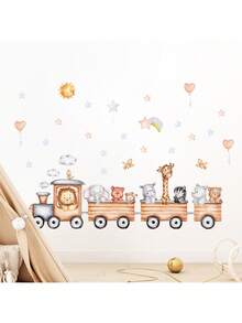丛林动物火车儿童房墙贴 - 狮子、大象和老虎的卡通冒险 | 可移除育儿室贴纸，适用于游戏室和卧室的教育性剥离和粘贴装饰 - 彩色 - 查看 4