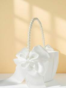 1件/2件婚礼花童花篮，带可爱珍珠手柄蝴蝶结缎带花篮，适合婚礼仪式 - 白色 - 查看 2