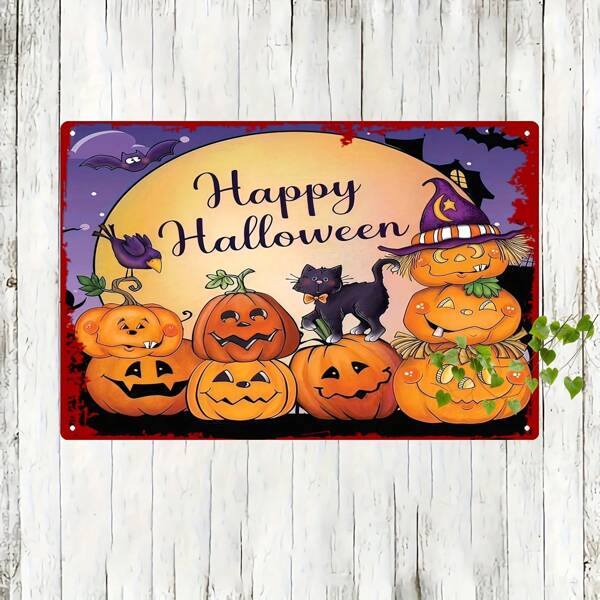 1pc Halloween Metal Wall Art Sign - 20x30cm/8x12inch Horror Black Cat, Dancing Pumpkin Lantern, Bats And Moonlight Design With "Happy Halloween" Text - Iron Art For Indoor And Outdoor Holiday Decor, Halloween Decoration, Seasonal Home Decor, Spooky Nightsky, Handcrafted Details, Pumpkin Lantern Art, 2D Flat, Great For Room Decoration