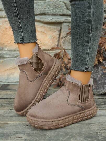 Khaki Snow Boots, Thick Sole, Women's New Casual Short Tube, Warm Plush, Anti-Slip Winter Shoes