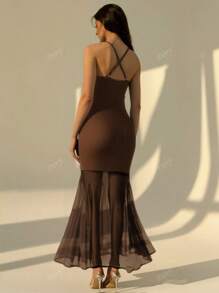 Women's Elegant Fashionable Sexy Mesh 3D Floral Detachable Ruffled Fishtail Spaghetti Strap Eid Mubarak Long Dress