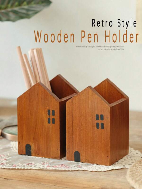 Retro Wooden Pen Holder Pencil Case Stationery Organizer Office Desk Ornament,Pencil Pouch,School Bag School Supplies,Back To School