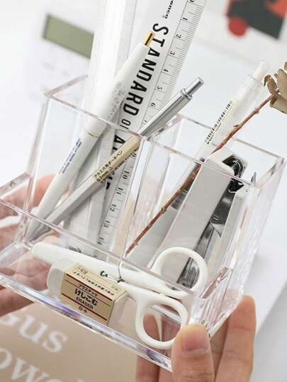 Soporte transparente de acrílico con 3 compartimentos, adecuado para escritorio de oficina, soporte pequeño para brochas de maquillaje, tocador, organizador de lápices, accesorio organizador de escritorio de oficina