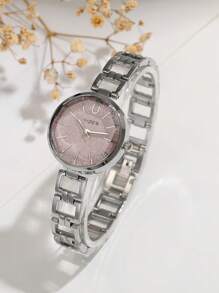 1 pieza Reloj de mujer con cara de diamante redonda, elegante y de moda. Correa de cadena de aleación versátil de acero. Reloj de cuarzo adecuado para fiestas, bodas y uso diario, el mejor conjunto de regalo para mujeres.