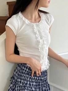 YIU Lace Trim Sweet & Cute Solid Color Textured Casual Top, Street Style, New Summer Collection - White - View 6