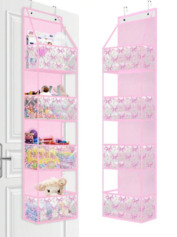 1pc Pink Hanging Storage Bag Hanging Organizer 4-Shelf Room Organizer With Clear Plastic Pockets Behind The Door Unique Bow Pattern Storage Organizer For Nursery Storage,Baby Dolls Toy Holder,Large Capacity Storage For Closet, Bedroom, Bathroom, Office, Dorm Room Essentials