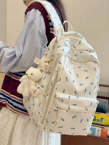 时尚印花玫瑰女士背包，带多个隔层和口袋，加厚学生背包，防水背包，可佩戴泰迪熊挂件配饰，容量大