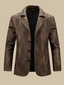 Men's Casual PU Leather Motorcycle Jacket With Notched Collar, 3-Button Design, Vintage Distressed Looks, Suitable For Business, Casual, Party, Autumn/Winter