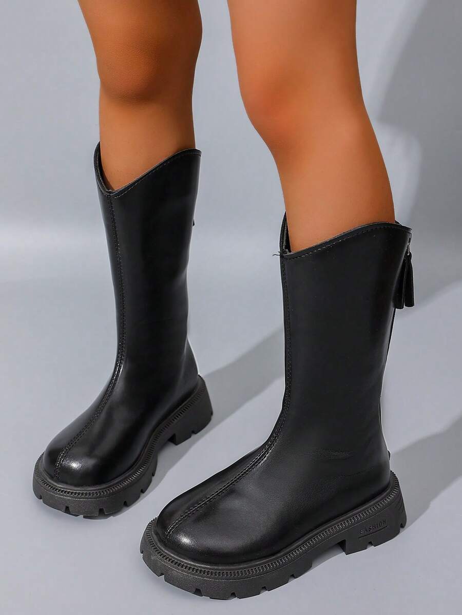 Girls' Fashion Vintage Mid-Calf Boots, Thermal Lined Warm Riding Boots For Kids Aged 5-18, Simple Versatile Soft Comfortable Leather Anti-Slip Durable Rubber Sole, Easy Wear Children Long Boots, Outdoor Play Black Matte High Tube Boots Spring/Autumn 2025 New