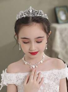 4pcs/Set Girls Kids Rhinestone Tiara Crown + Necklace + Earrings Luxury Jewelry Set, Suitable For Stage Performance, Party, Birthday, Holiday Dress Up, Fits Toddlers And Older Children