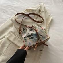 Bolso balde lindo para damas, bolso de mano pequeño y lindo con flores, billetera con flores, mini bolso estético bohemio con bordado, bolso de cordón tipo cubeta con punto de aguja, bolso cruzado mini
