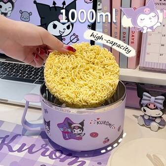 Sanrio Recipiente de almuerzo aislado de acero inoxidable de 33.81oz con tapa con diseño de personaje de dibujos animados lindo de Sanrio Kuromi - Antescaldaduras, de gran capacidad para la oficina y el dormitorio, portátil, solo lavado a mano, útiles escolares