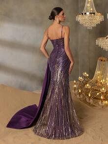 Faeriesty 奢华紫色串珠不对称晚礼服 - 优雅舞会礼服，带有垂坠侧边细节，高开叉鱼尾，适合正式活动 - 紫色 - 查看 2
