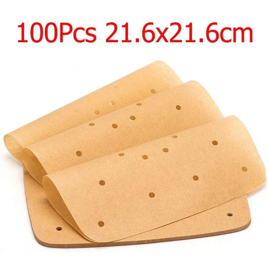 Papel pergamino para freidora de aire mejorado, revestimiento de papel desechable para freidora de aire, papeles pergamino perforados cuadrados, 50/Uds. - 100 piezas 21,6 x 21,6 cm - Ver 1