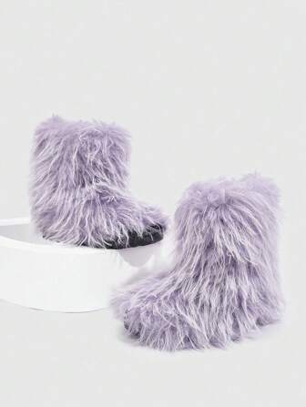 Fuzzy Snow Boots For Women, Fashionable Furry Boot, Thick Sole Mid-Calf Chic Boots, Punk Style, Autumn/Winter