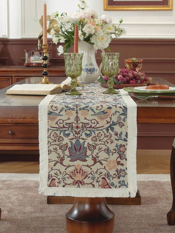 1 Pc Vintage Jacquard Rectangular Tablecloth, With Tassels, Bohemian Style, Suitable For Cafe, Milk Tea Shop, Afternoon Tea Decor, Kitchen, Dining Room, Family Gatherings, Warm And Comfortable