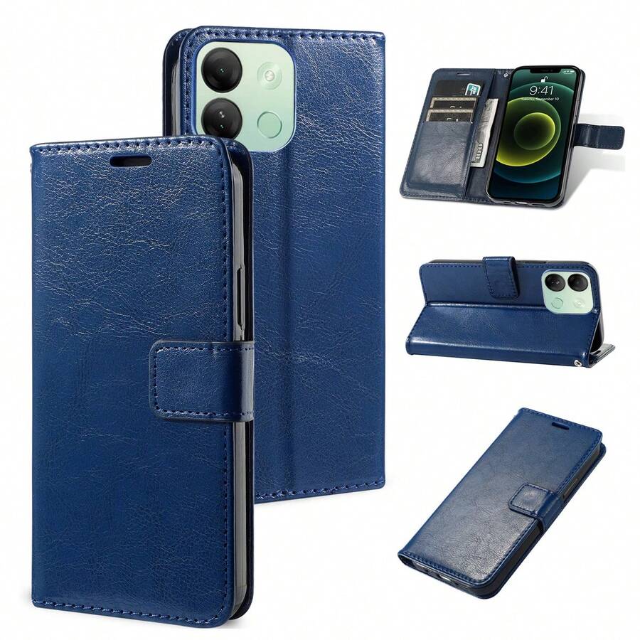 1pc Classic Leather Wallet Phone Case With Card Slots And Stand Function, Suitable For OnePlus Ace 3V/Galaxy S25 Ultra/Vivo X200 Pro/Redmi Note 14 Pro+ 5G/Realme C75, Multi-Angle Viewing, Precise Fit, Durable And Anti-Drop - Dark Blue - View 1