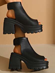 女士纯色时尚凉鞋，踝带厚底软底露跟鞋，露趾粗跟鞋