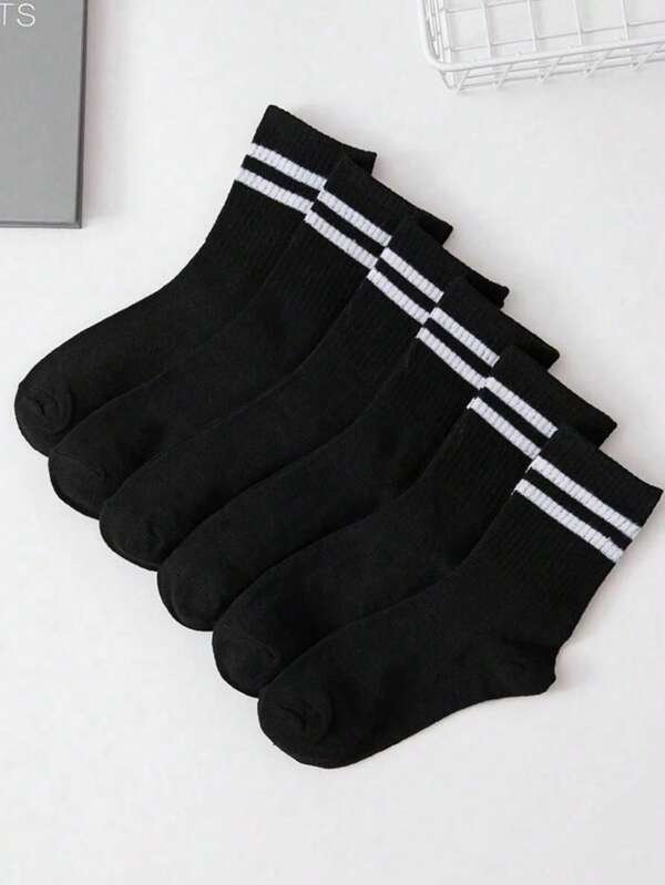 6pairs Classic Black Mid-Calf Socks With Two Stripes Are Suitable For Autumn And Winter.