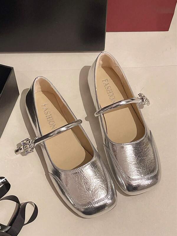 Women's Square Toe Slip-On Flats Leather Shoes, Vintage Rhinestone Decor, Fashion Summer 2025