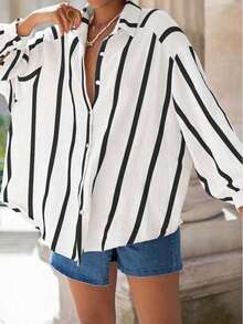 Plus Size Wide Striped Print Front Button Casual Long Sleeve Shirt - White - View 3