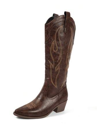 2025秋冬刺绣纯色防滑马靴，新款一脚蹬式外套女靴，时尚舒适百搭靴子，休闲西部风牛仔靴