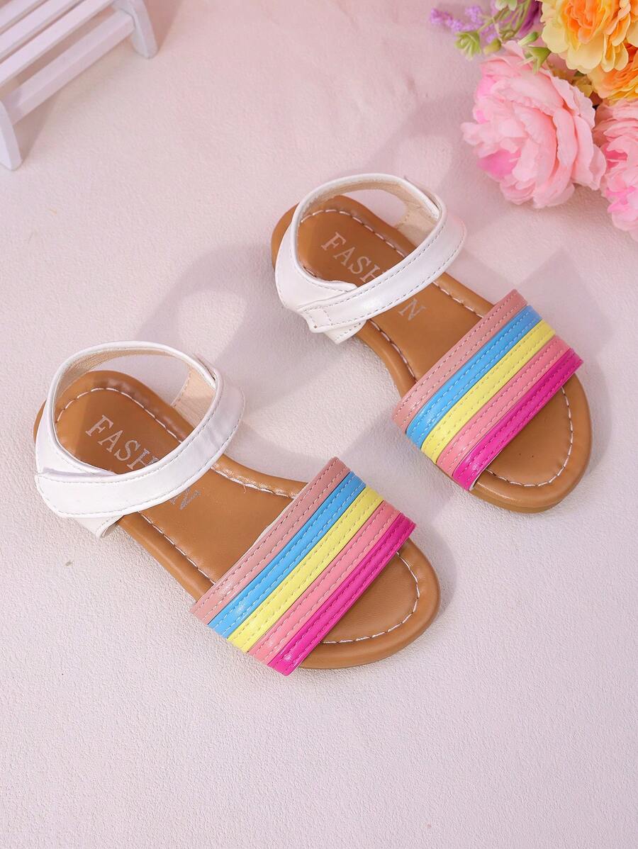 1 Pair Of Children's Fashionable And Cute Neutral Rainbow Colored Comfortable Flat Sandals, Suitable For Summer Baby Girls To Go On Vacation, Beach, Family Gatherings, And Wear