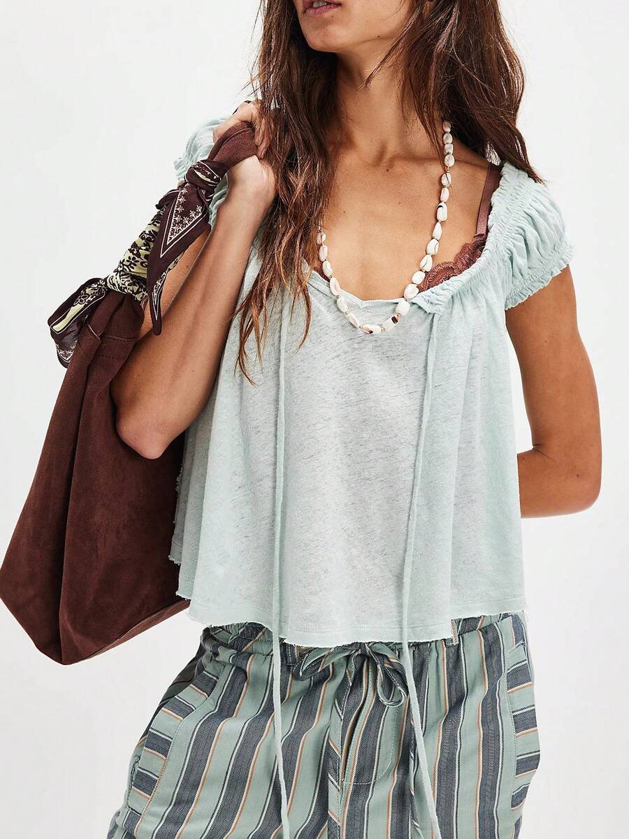 Women Summer Tie Front Tank Tops Cap Sleeve Pleated Babydoll Tops Casual Loose Fit Going Out Flowy Shirt - 淺藍色 - 查看 1